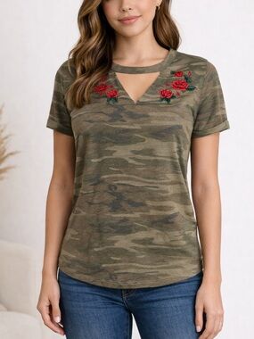 Awake Camo Rose Embroidered Cutout Women's Top size M
